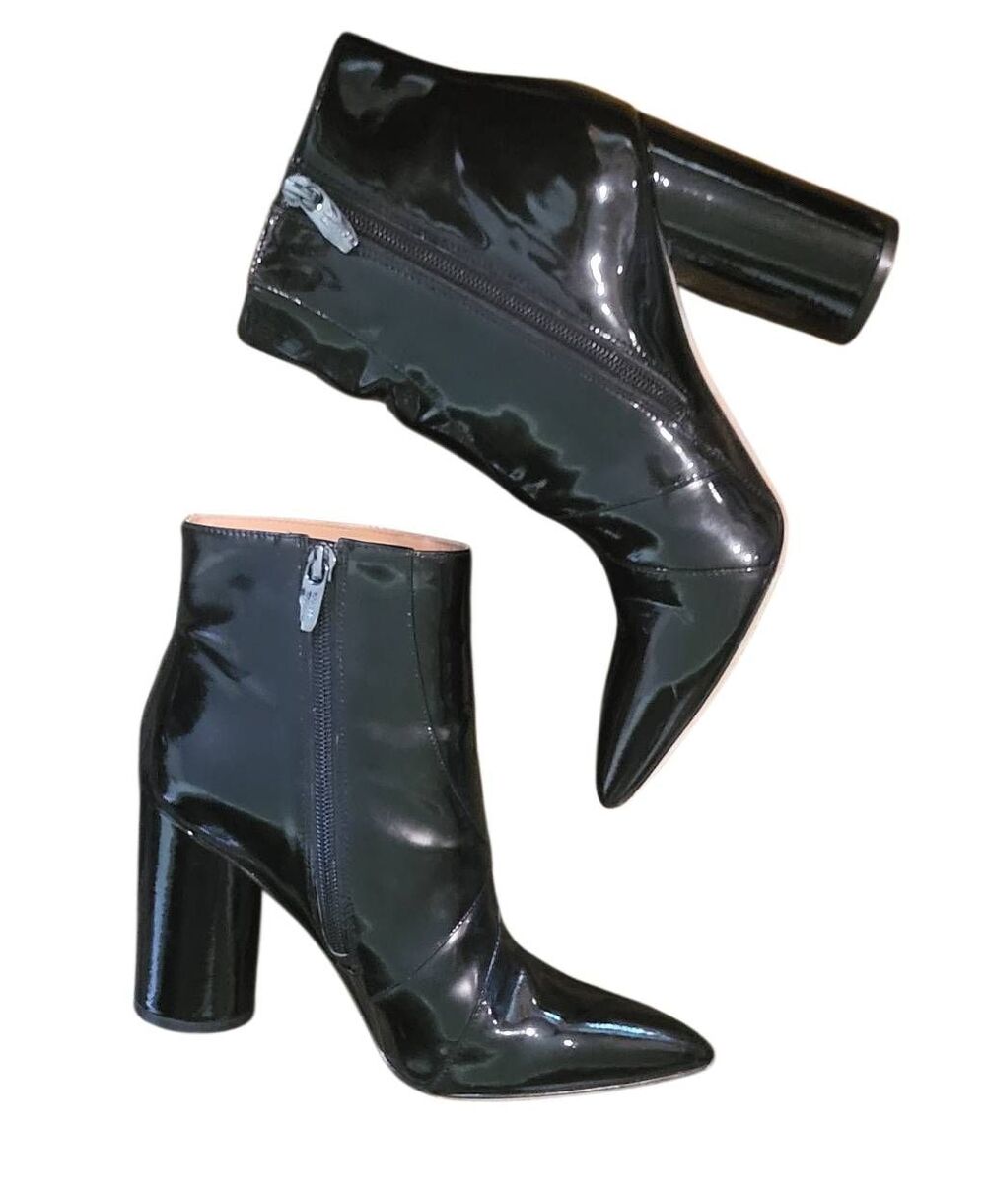 Sigerson Morrison Booties Women's 7.5 Black Patent Leather Block Heel Moto Sexy